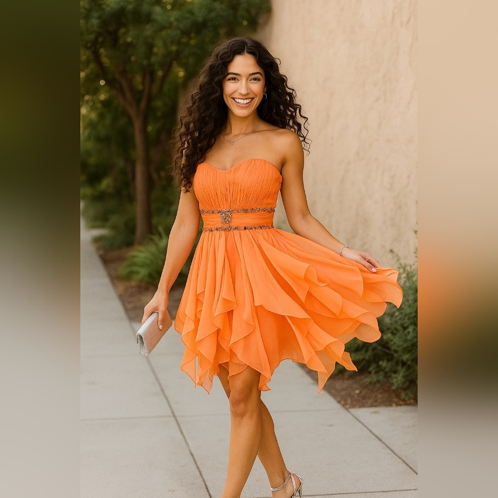 Orange Chiffon Flirty Strapless Dress. Beaded Waist. Midi Length. Size Xs. Flare